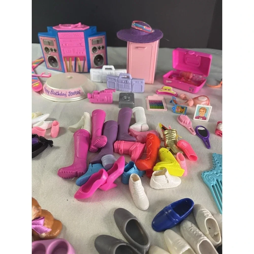 Huge Vintage Barbie & Ken Accessories Lot Shoes Skis Radios Hairbrush Clothing